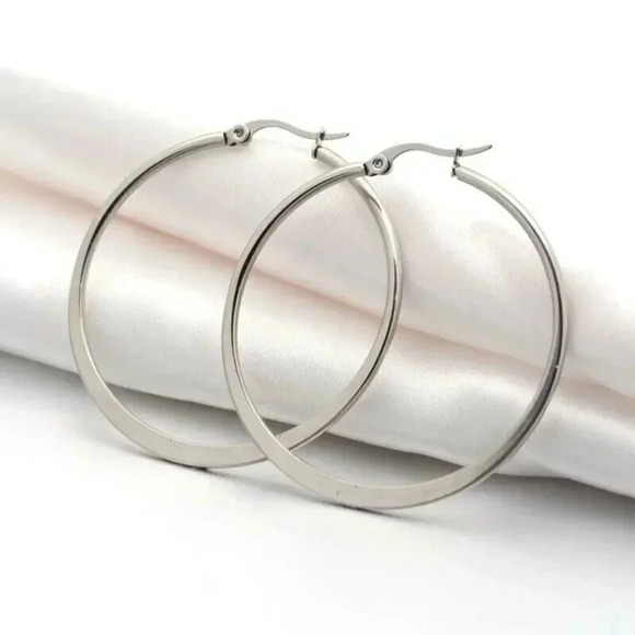 Surgical Stainless Steel Bladed Round 47x45mm Silver Hoop Earrings - Picture 1 of 1